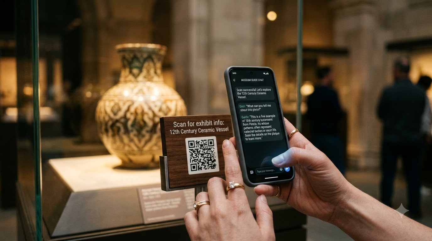 A visitor holding up a phone to scan a QR code on a museum exhibit placard
