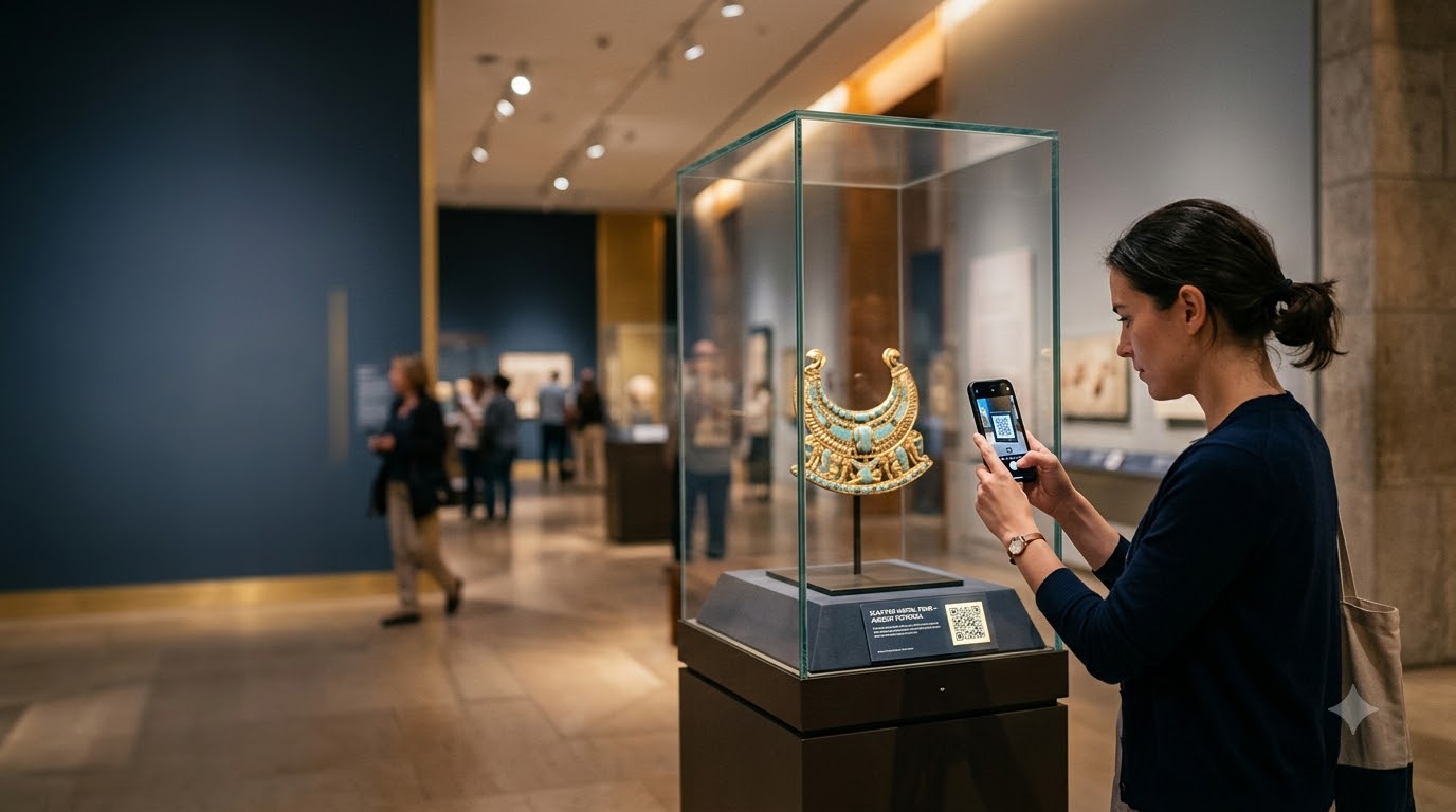 Visitor scanning a QR code beside a museum exhibit case